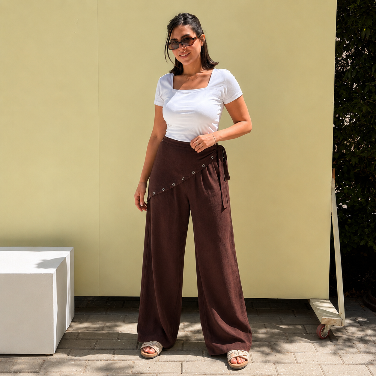 Eyelet scarf pants - Brown