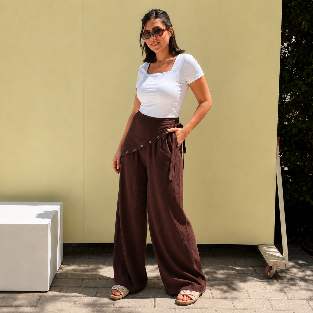 Eyelet scarf pants - Brown